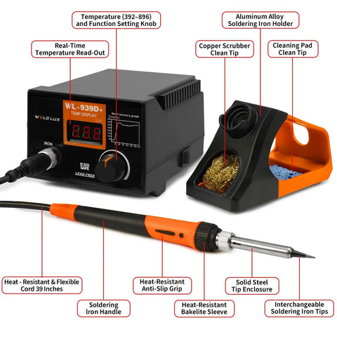 939D Plus Digital Soldering Station With 100W PID Temperature Control, iron, holder, and accessories displayed, orange.