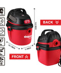 Two Point Five Gallon Wet Dry Vacuum With 2.0 Peak HP Power Portable Compact Shop Vacuum shown from front and back with dimensions