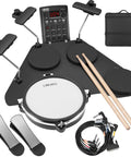 Quiet Dual Layer Mesh Snare Electronic Drum Set With Over 220 Sounds, USB MIDI, travel kit components including pads and footswitches.