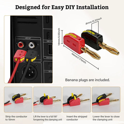 Bang For Your Buck Sixteen Gauge Speaker Wire 100 Feet Kit with banana plugs connected to a stereo receiver.