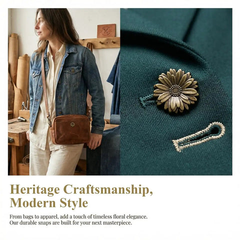 Antique Bronze Metal Snap Buttons Set Ten Pieces Durable Zinc Alloy Fasteners For Leather Craft Handbags Purses Bags Clothing DIY with floral design on green fabric