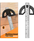 Heavy Duty Eight Inch Stainless Steel Angle Finder With 0 To 180 Degree Adjustable Protractor Ruler And Thumb Lock, detailed view of tool and packaging.