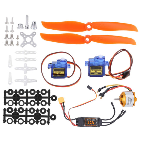 Plug And Play 2212 KV2200 Brushless Motor Paired With 40 Amp XT60 ESC Controller And SG90 Servo Plus 6035 Propeller Kit components arranged.