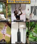 Rock Solid Black 304 Stainless Steel Swivel Ring With Twist Resistant Dual Snap Hooks And Smooth Action Rotation For Tree Swing Hammock Heavy Duty Rigging M8 Size displayed in various applications including swings and gymnastics.