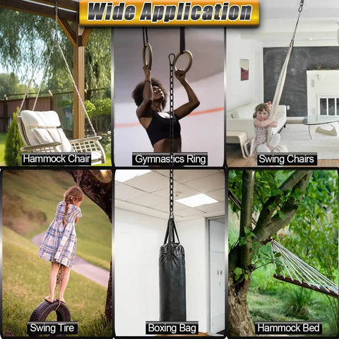 Rock Solid Black 304 Stainless Steel Swivel Ring With Twist Resistant Dual Snap Hooks And Smooth Action Rotation For Tree Swing Hammock Heavy Duty Rigging M8 Size displayed in various applications including swings and gymnastics.