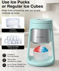 Cool Blue 130W Electric Shaved Ice Machine And Snow Cone Maker Featuring Smart Overheat Protection And A Fast Ice Shaver With Two Bonus Ice Cups That Hit Different For Real Summer Vibes with ice puck and shaved ice details.