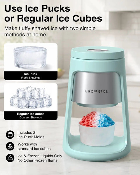 Cool Blue 130W Electric Shaved Ice Machine And Snow Cone Maker Featuring Smart Overheat Protection And A Fast Ice Shaver With Two Bonus Ice Cups That Hit Different For Real Summer Vibes with ice puck and shaved ice details.