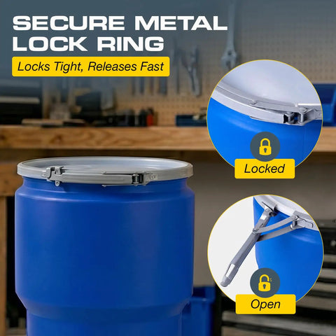 Blue 14 Gallon Plastic Drum for Hazardous Materials Storage and Spill Response DOT Compliant Open Head Drum with metal lock