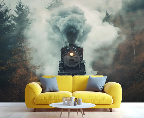 Steam Train Mural Misty Forest Wall Decor For Living Room And Bedroom Vintage Locomotive Railway Wall Art Natural Forest Scene Non Self Adhesive 118 By 82 Inch