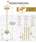 2 Pack 7 Inch Brushed Gold Pendant Lights With Crystal Clear Glass Shades For Kitchen Island And Dining Room dimensions and specs.