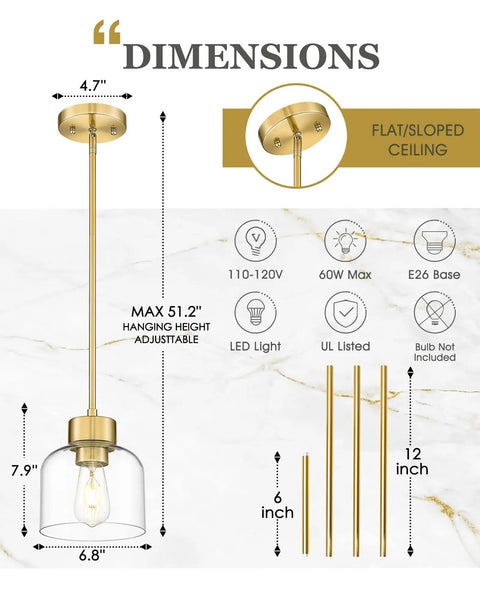 2 Pack 7 Inch Brushed Gold Pendant Lights With Crystal Clear Glass Shades For Kitchen Island And Dining Room dimensions and specs.