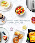 Fast Boil 1.7L Electric Kettle With 1500W Heating next to breakfast foods on a countertop, showcasing kettle's use with tea and coffee.
