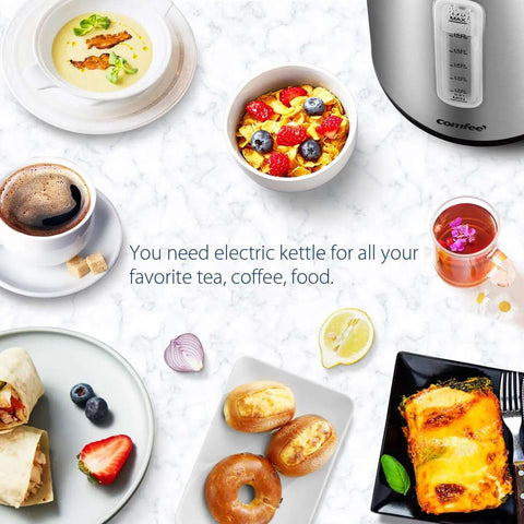 Fast Boil 1.7L Electric Kettle With 1500W Heating next to breakfast foods on a countertop, showcasing kettle's use with tea and coffee.