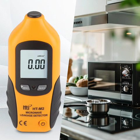 Microwave Tester With Digital LCD Display EMF Leakage Detector 2450 MHz For Home Oven Safety Testing Built In Alarm Alerts You When Radiation Levels Rise Yellow Battery Not Included on kitchen counter