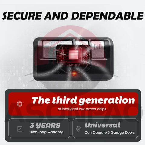Close-up of Two Pack Bundle 953EV P2 953ESTD Universal Garage Door Opener Remote with red button and three-year warranty details.