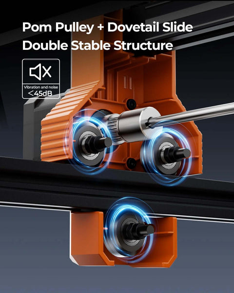 ACMER S2 laser engraver front view: orange frame with blue-lit drive pulleys and guide rails