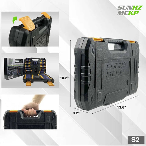Magnetic 66-Piece Screwdriver Set With S2 Alloy Tool Steel Bits in a black sturdy box with handle and latch, dimensions shown