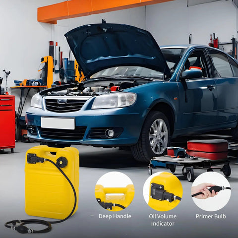 Beefy Portable Tank With Line For Generators And Marine Use 6.34 Gallon 24 L in a garage near a blue car and red tool cabinet