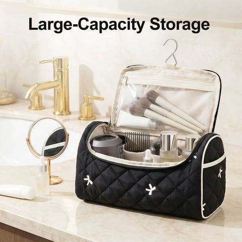 Quilted Hair Tools Travel Bag With Hanging Hook on bathroom counter, featuring large capacity for Dyson Airwrap and accessories.