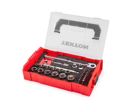 Three Eighths Inch Drive Six Point Socket Set With Ratchet And Bits In A Mini Stacking Box Grab And Go Thirty Five Piece displayed open