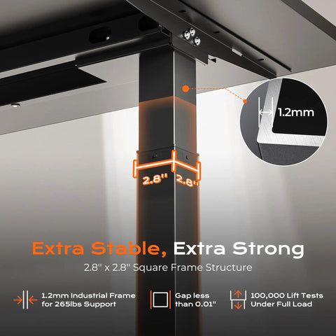 Huuger Dual Motor Electric Standing Desk Frame Black 2.8" x 2.8" square frame with 1.2mm steel structure for ergonomic use.