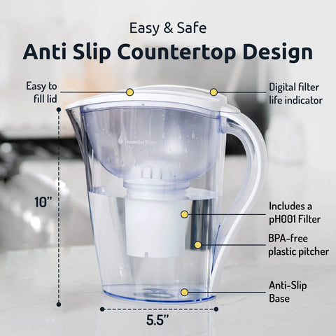 High PH Alkaline Water Filter Pitcher With 15 Cup Capacity, BPA Free Plastic, shown with anti-slip base and digital filter indicator