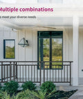 Preassembled Horizontal Deck Railing Kit Featuring Tight Baluster Spacing And Rock Solid Metal Frame Crafted From Heavy Duty Black Steel For Safer Backyards And Zero Fuss Install on porch with plants.