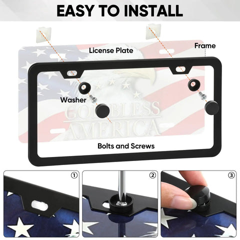Two Pack Matte Black Aluminum License Plate Frames With Two Holes Narrow Design That Keeps Your Plate Fully Visible Includes Free Screws Fasteners Caps And Tool For Easy Installation Rugged Vehicle Plate Holder For Cars Trucks SUVs installation guide