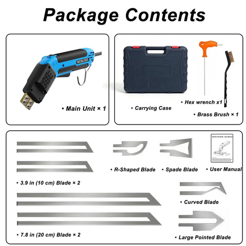 Package contents of Electric Foam Cutter Hot Knife 200W Air Cooled Foam Cutting Tool Kit, includes blades, handle, and case