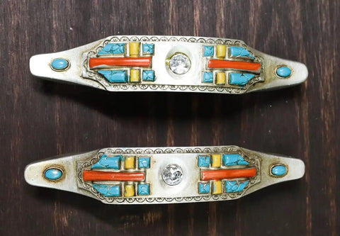 Set Of Four Hella Stylish Southwestern Turquoise Cross Drawer Pulls With Sparkling Rhinestone Sculpted Hand Painted Composite Resin Cabinet Handles And Furniture Knobs For Any Room That Really Looks Dang Sharp - close-up of two drawer pulls showcasing vibrant colors and design.