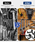 Before and after of a cluttered and organized shed using Six Pack Heavy Duty ABS Storage Shed Hooks For Ladders Garden Rakes And Bulk Tools.
