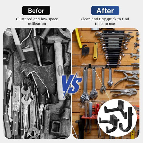 Before and after of a cluttered and organized shed using Six Pack Heavy Duty ABS Storage Shed Hooks For Ladders Garden Rakes And Bulk Tools.