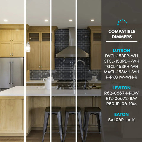 Modern kitchen with Ultra Thin 5 Inch LED Recessed Wafer Light, showing compatible dimmers list on the side.