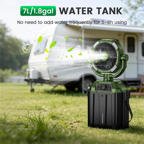 Portable Misting Fan With Four Mist Sprayers Rechargeable 9 Inch Oscillating Camp Fan in grassy area near RV