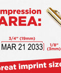 Impression area showing date 'MAR 21 2033' with size details for Slick S120 Self Inking Date Stamp With Black Ink And Half Inch Impression Size Featuring Finger Guard Band Shield For No Sweat Handling And Easy Peasy Refills To Print Hundreds Of Crisp Dates Any Day You Please.