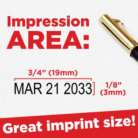 Impression area showing date 'MAR 21 2033' with size details for Slick S120 Self Inking Date Stamp With Black Ink And Half Inch Impression Size Featuring Finger Guard Band Shield For No Sweat Handling And Easy Peasy Refills To Print Hundreds Of Crisp Dates Any Day You Please.