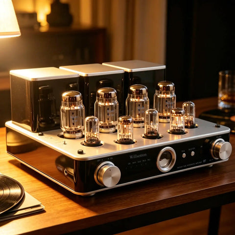 Quad KT88 Tube Amplifier HiFi Integrated Amp with silver finish on wooden table, eight visible tubes, upgraded December 2023