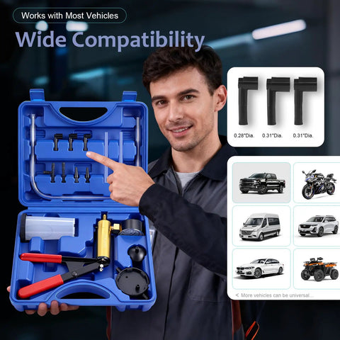 Handheld Brake Bleeder Kit With Vacuum Pump And Pressure Gauge For Cars Motorcycles ATVs Includes Hoses Adapters Reservoir, blue case