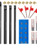 Front view of 14-piece lathe boring bar set with 4 black bars, 10 carbide inserts, 4 red wrenches, blue storage box
