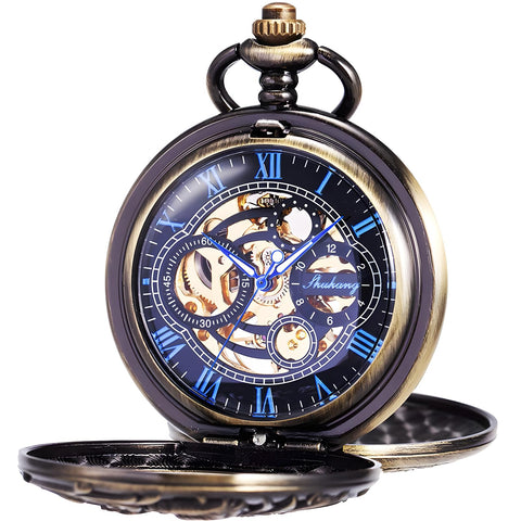 Mens Mechanical Pocket Watch With Chain Featuring Dope Lucky Dragon Steampunk Skeleton Hunter Double Open In Box Gift Ready For Holiday Or Special Occasion