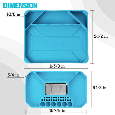 2-Piece Silicone Tool Tray Set With Non-Slip Flexible Organizer And Magnetic Tray showing dimensions and storage capacity