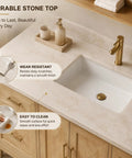 62 Inch Freestanding Bathroom Vanity With Single Sink And Solid Wood Cabinet Boasting Generous Storage Drawers Paired With A Clean Led Backlit Defog Mirror For A Straightforward Home Glow Up. Close-up of the durable stone top with sink and gold faucet.