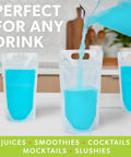 Clear Drink Pouches For Adults 16.9 Oz Freezable Reusable Bags With Straws Leakproof Party Ready filled with blue drink