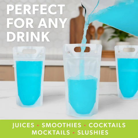 Clear Drink Pouches For Adults 16.9 Oz Freezable Reusable Bags With Straws Leakproof Party Ready filled with blue drink