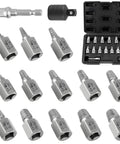 Image of a Fifteen Piece Screw Extractor Set With Three Eighths Inch Hex Drive Direct Wrench Ready No Socket Needed Easy Out Bolt Remover Kit For Stripped Damaged Screws Bolts And Nuts Multi Spline Design, showing various sized extractors and storage case.