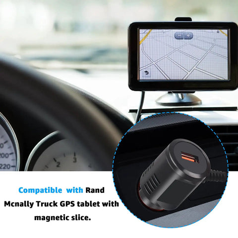 5V Car Charger With USB Port For Rand McNally GPS TND Tablet 85 740 750 And OverDryve 7 8 Pro RV Truck GPS Systems close-up in vehicle.