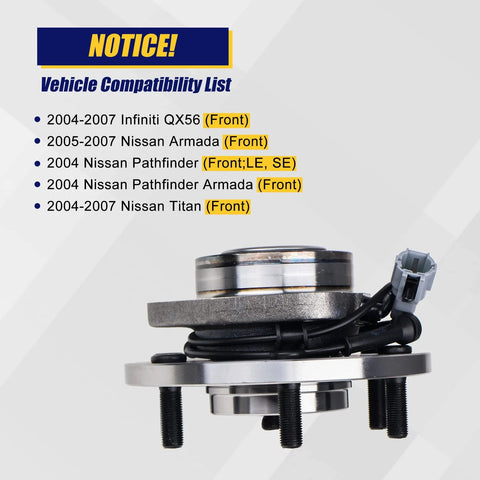 Side view of Front Wheel Bearing Hub Assembly Direct Fit For Infiniti QX56 2004 2005 2006 2007 And Nissan Armada Pathfinder.