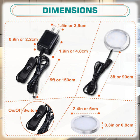 Dimensions of Under Cabinet LED Puck Lights 2 Pack 12V DC Plug In Daylight White No Fuss Ultra Slim 8mm Low Profile Lighting.