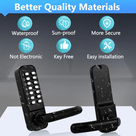 Beefed-Up Mechanical Door Lock With Adjustable Deadlatch For 2 3/8 Inch Or 2 3/4 Inch Holes, Outdoor Keyless Gate Lock With Handle, Waterproof Weather Resistant Black
