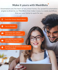 Couple using a laptop with smart home hub features. Text overlays detail automation via Smart Home Hub With Zigbee And Z Wave Connects To Wi Fi Devices Works With Alexa And Google Assistant Control Smart Locks Lights And Switches From A Simple App Across Brands.